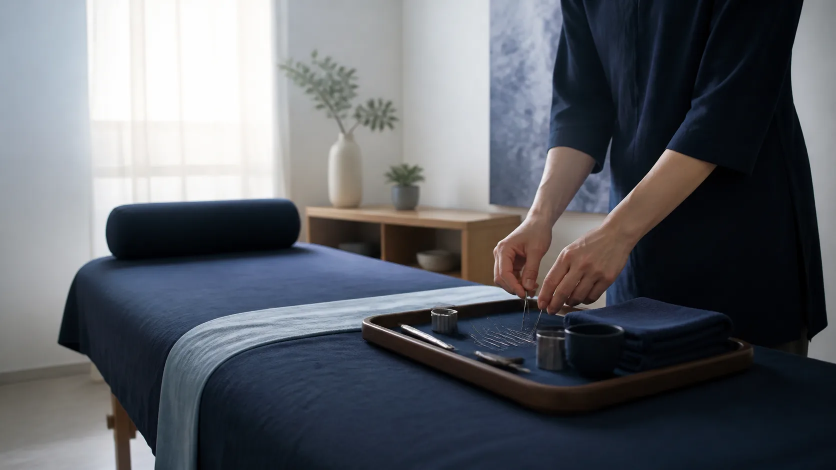 An acupuncture practitioner preparing sterile needles in a treatment room