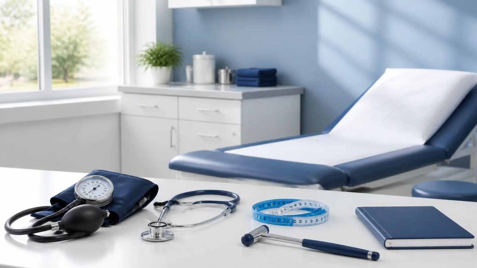Physical examination equipment arranged in a medical exam room