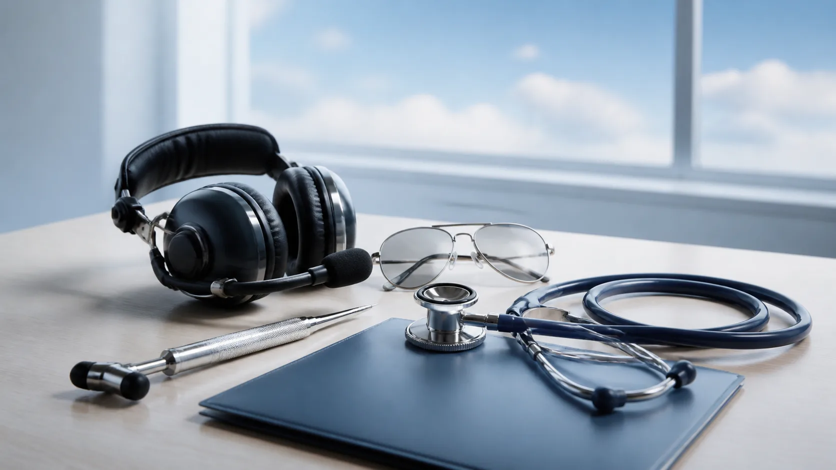 Aviation headset, glasses and medical examination tools on a desk