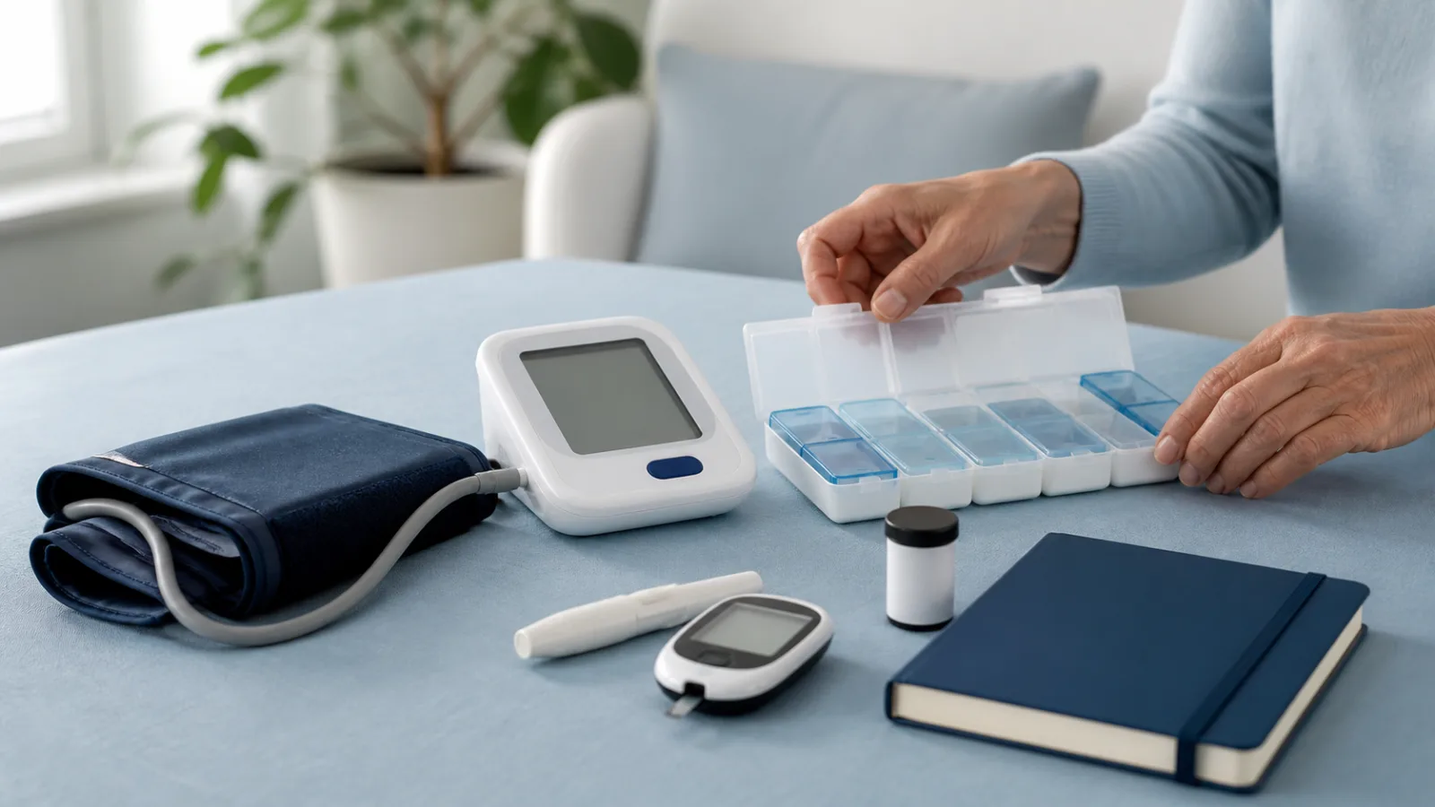 A blood pressure monitor, glucose meter and medication organizer for ongoing care