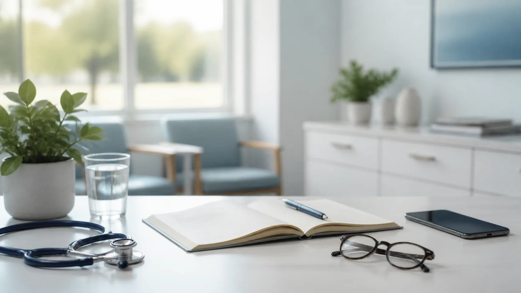 A stethoscope, notebook, phone and glasses on a medical office desk