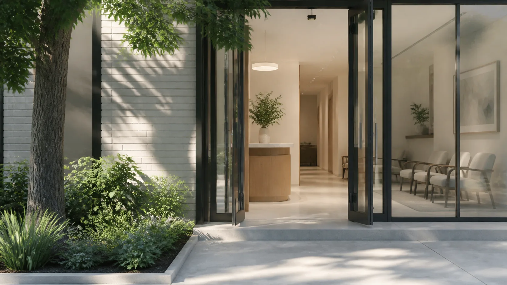The entrance and waiting area of a modern medical clinic