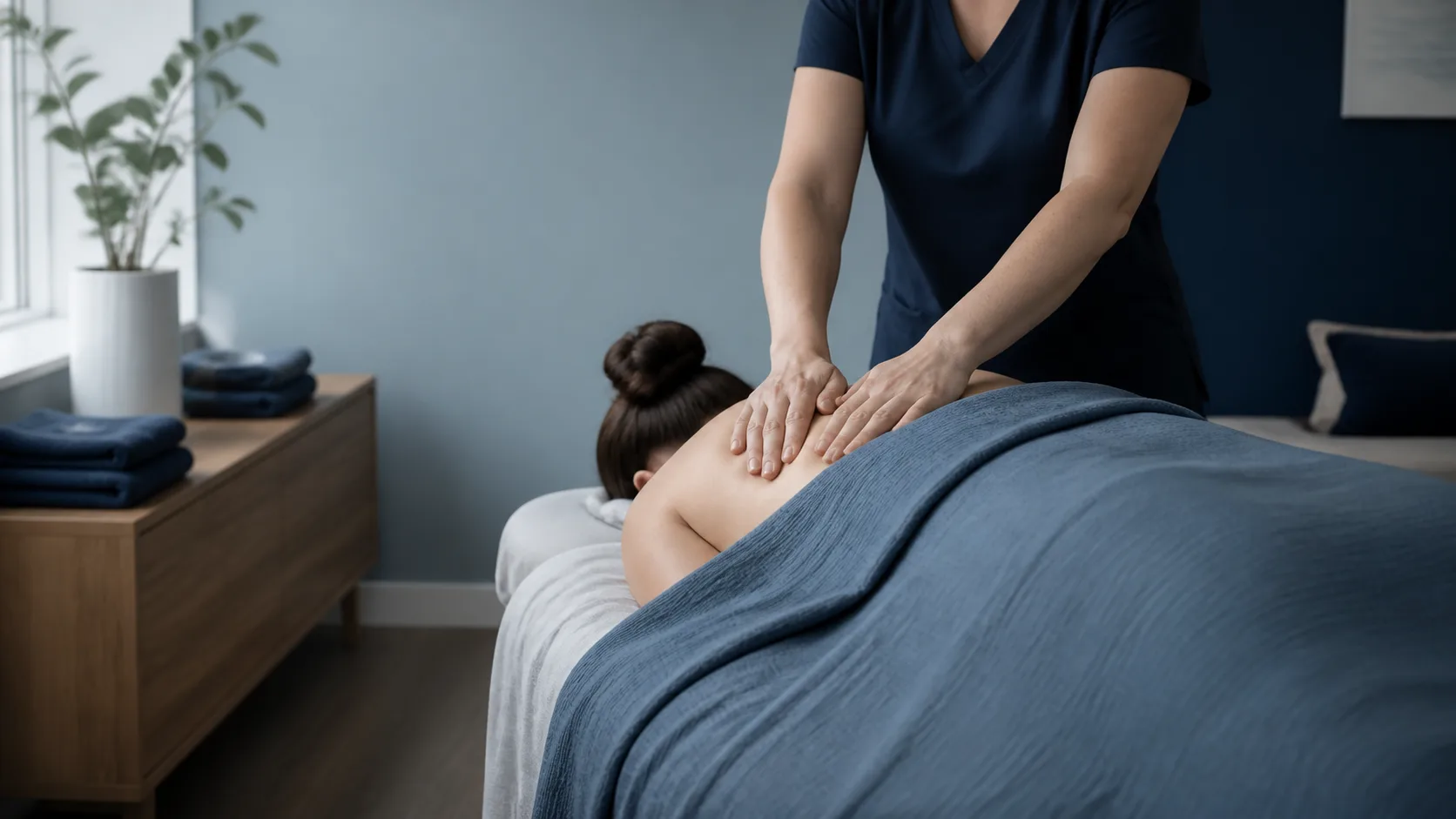 A massage therapist providing back treatment in a clinical room