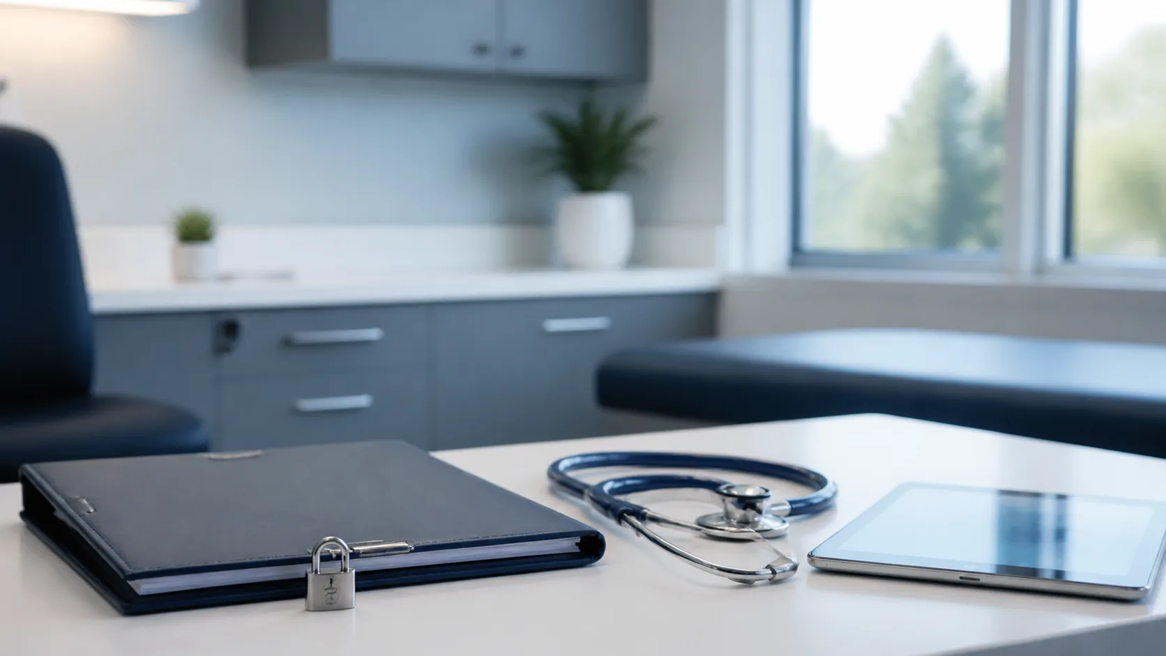 A locked medical folder beside a stethoscope and tablet