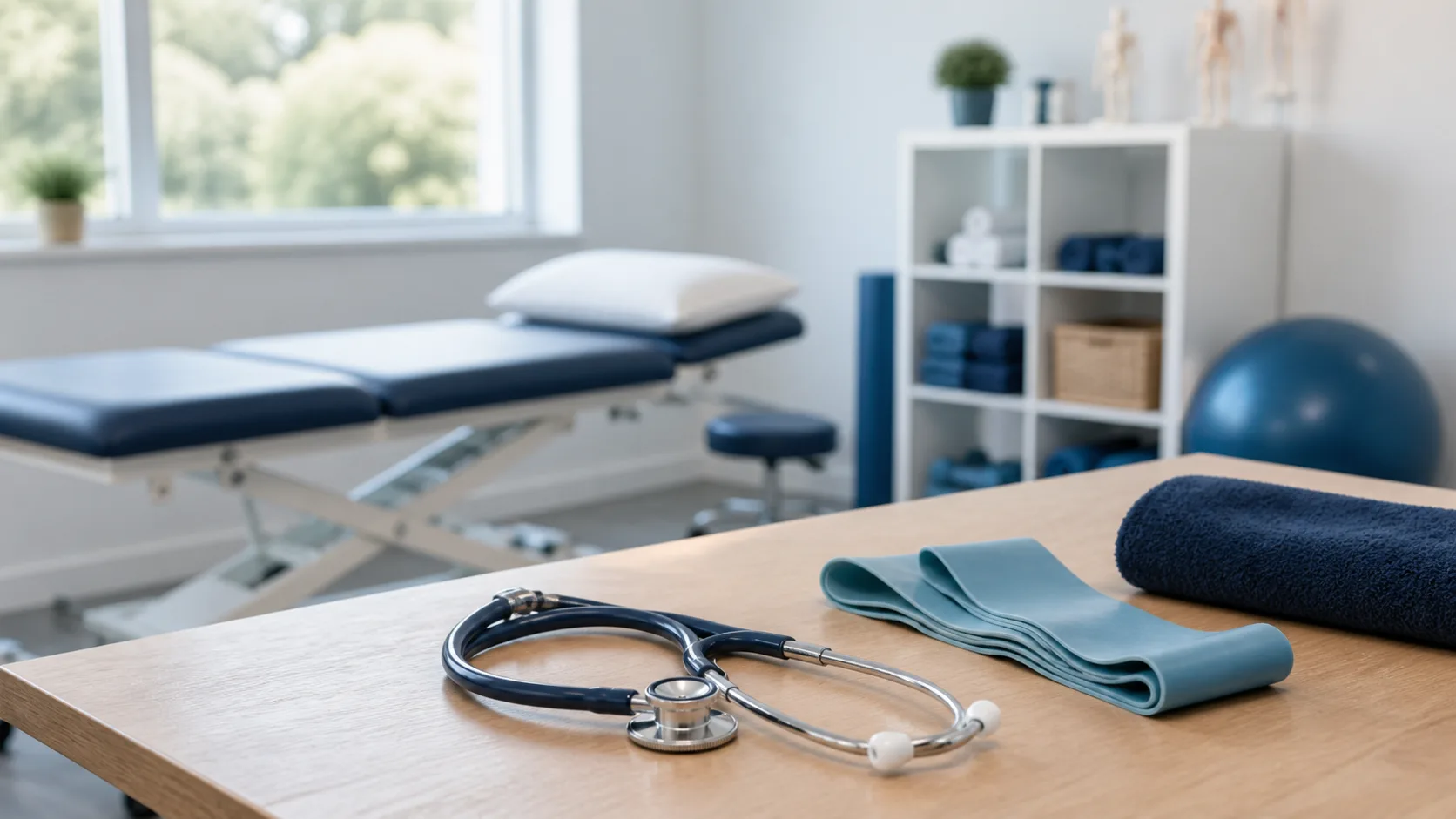 A stethoscope and rehabilitation equipment in a medical treatment room